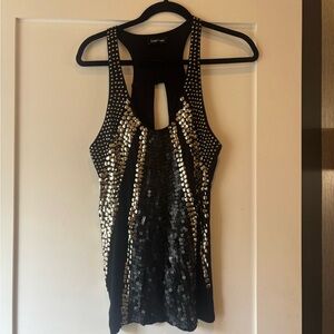 bebe Black Sequin Tank Top with Gold Stud Detailing